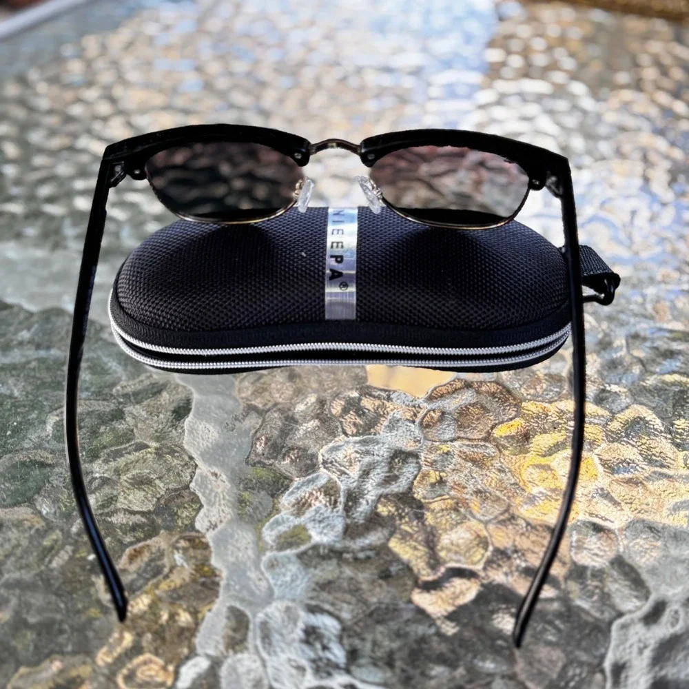 NIEEPA Clubmaster Style Reflective Sunglasses Black Gold Lenses Vintage Inspired